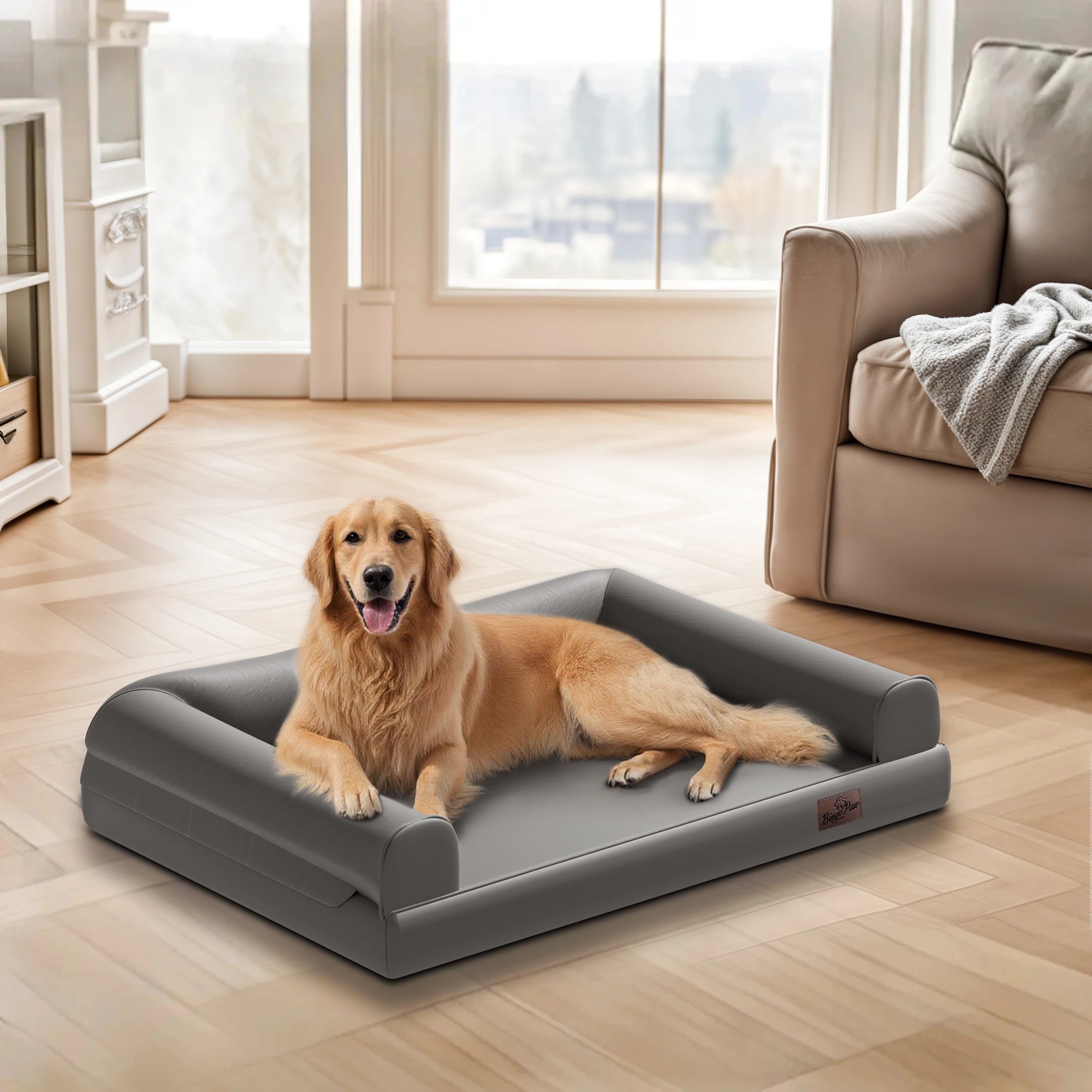 M-XXL Orthopedic Dog Calming Removable Cover Bed Bolster Microfiber Leather