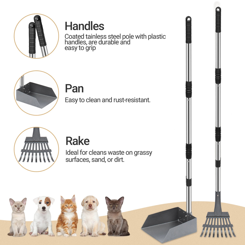 Dog Pooper Stainless Long Adjustable Handles Scooper and Tray
