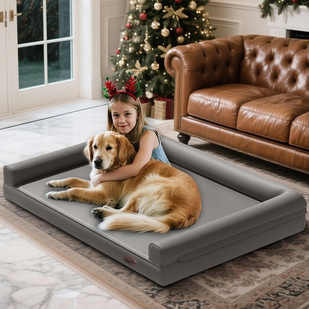 M-XXL Orthopedic Dog Calming Removable Cover Bed Bolster Microfiber Leather