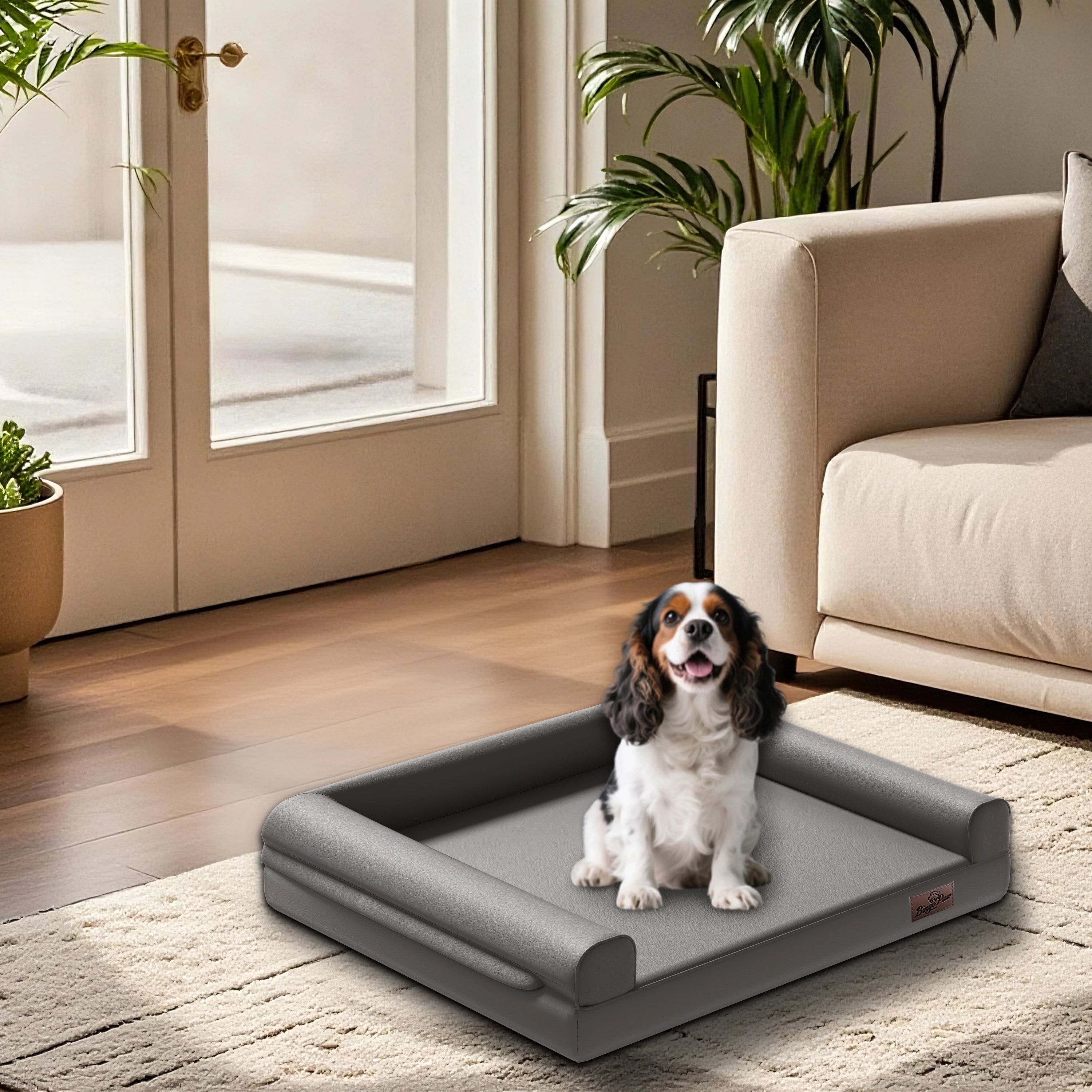 M-XXL Orthopedic Dog Calming Removable Cover Bed Bolster Microfiber Leather