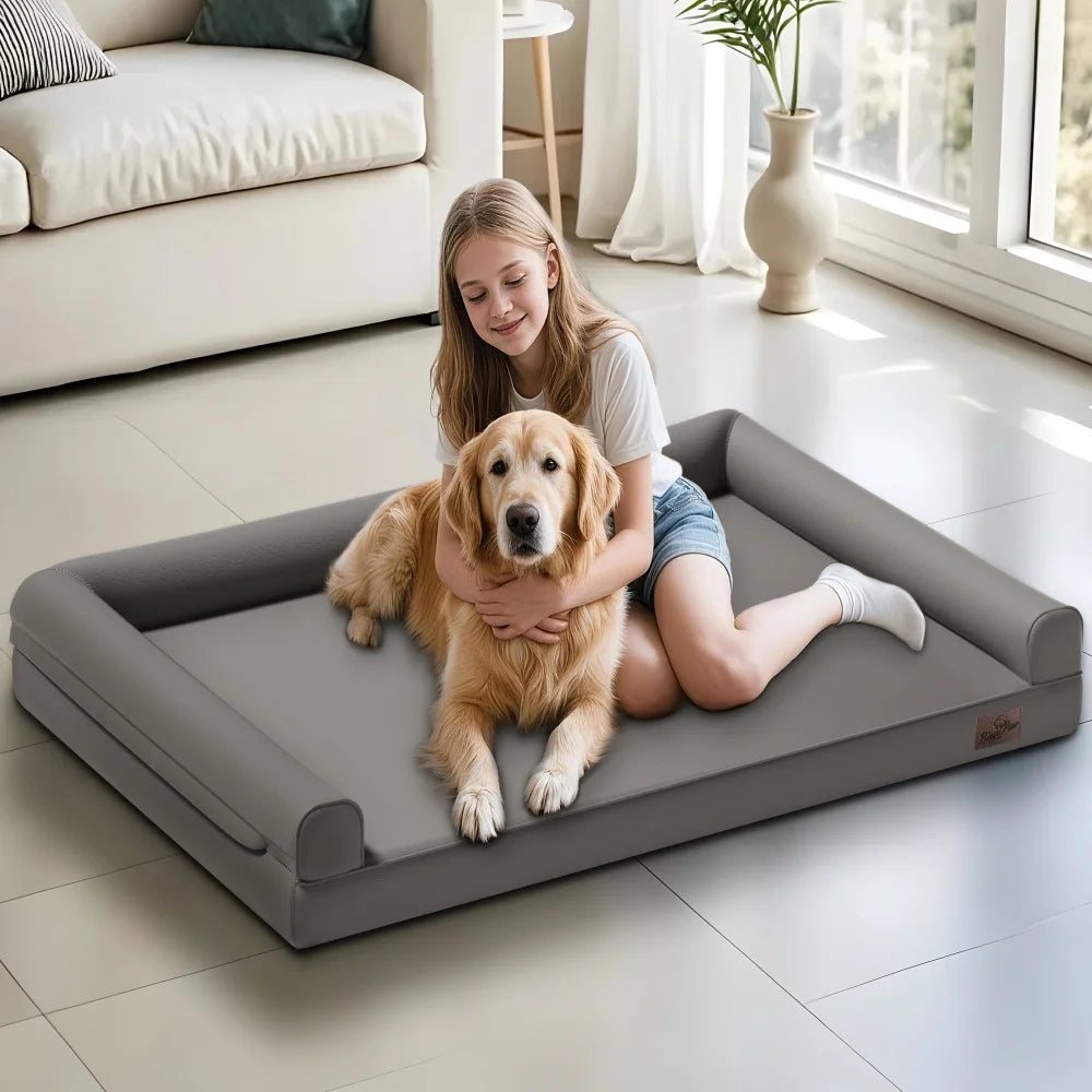 M-XXL Orthopedic Dog Calming Removable Cover Bed Bolster Microfiber Leather