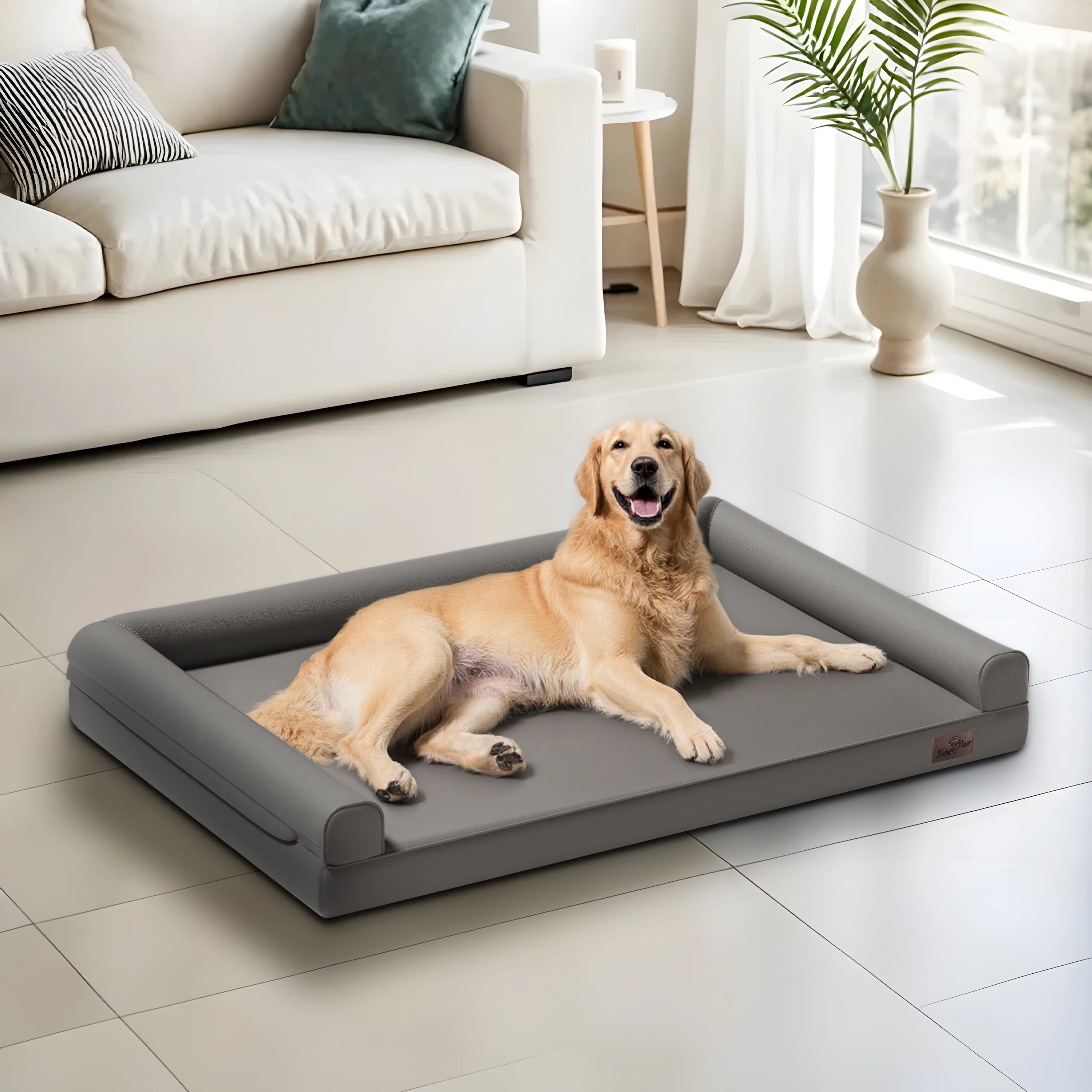 M-XXL Orthopedic Dog Calming Removable Cover Bed Bolster Microfiber Leather