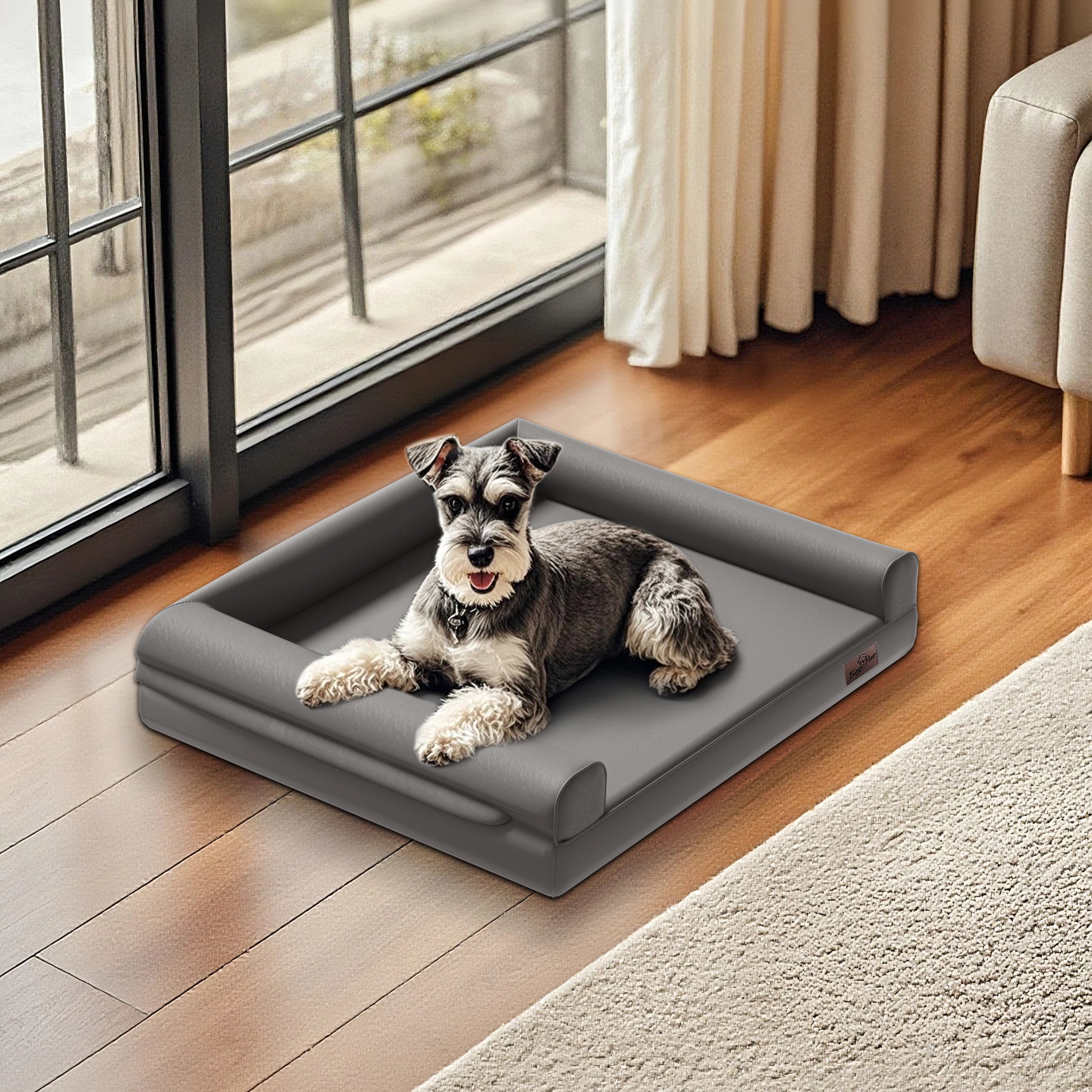 M-XXL Orthopedic Dog Calming Removable Cover Bed Bolster Microfiber Leather