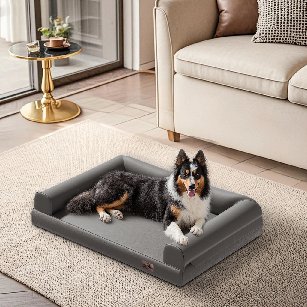 M-XXL Orthopedic Dog Calming Removable Cover Bed Bolster Microfiber Leather
