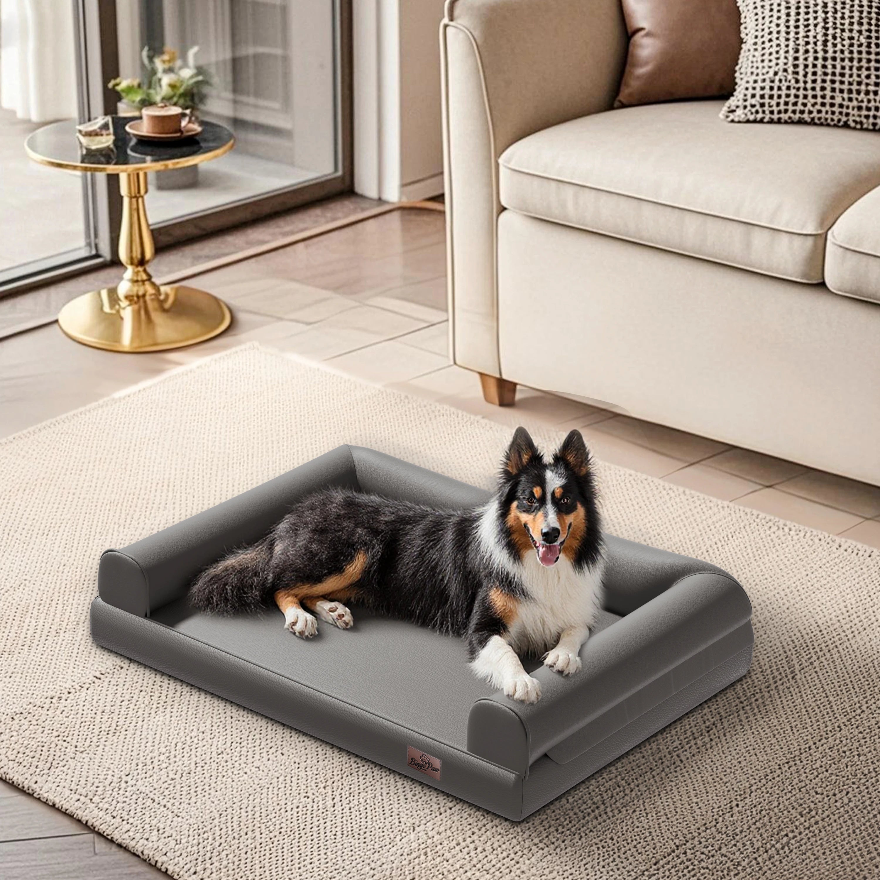 M-XXL Orthopedic Dog Calming Removable Cover Bed Bolster Microfiber Leather