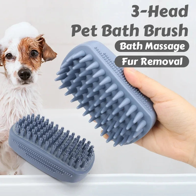 3-Head Silicone Bath Massage Brush with Fur Removal for Pets