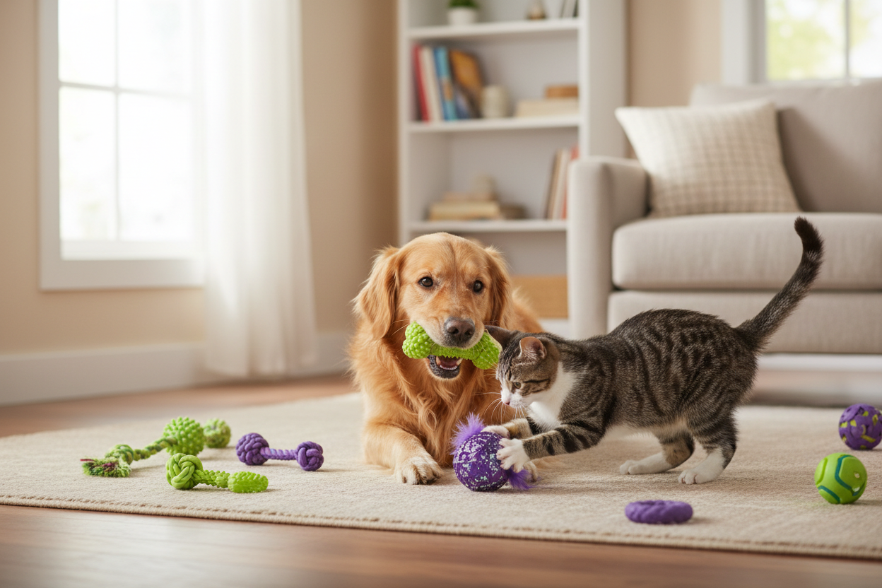 realsstic image of a dog and cat playing have them playing with green and purple toys
